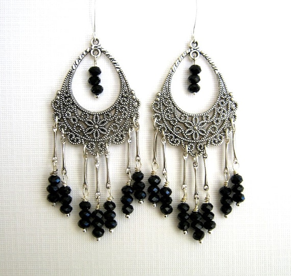 Items similar to Black Filigree Chandelier Earrings Black Crystal