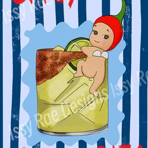 ¡Impresión de Ángel Borracho en Azul! Pósteres de Bebidas, Pósteres de Bebidas, Impresión de Ángel Sonny, Ángeles, Cóctel, Margarita Picante, Pósteres de Cócteles, Margarita