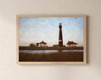 Affordable Digital Art, Wall Art, Printable Art, Landscape Art, Home Decor, Office Decor, lighthouse, Bolivar, Galveston, oil painting