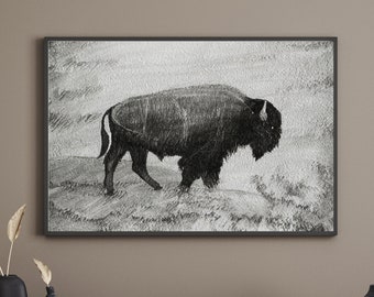 Printable Wall Art, Digital Drawing of Bison in Yellowstone National Park