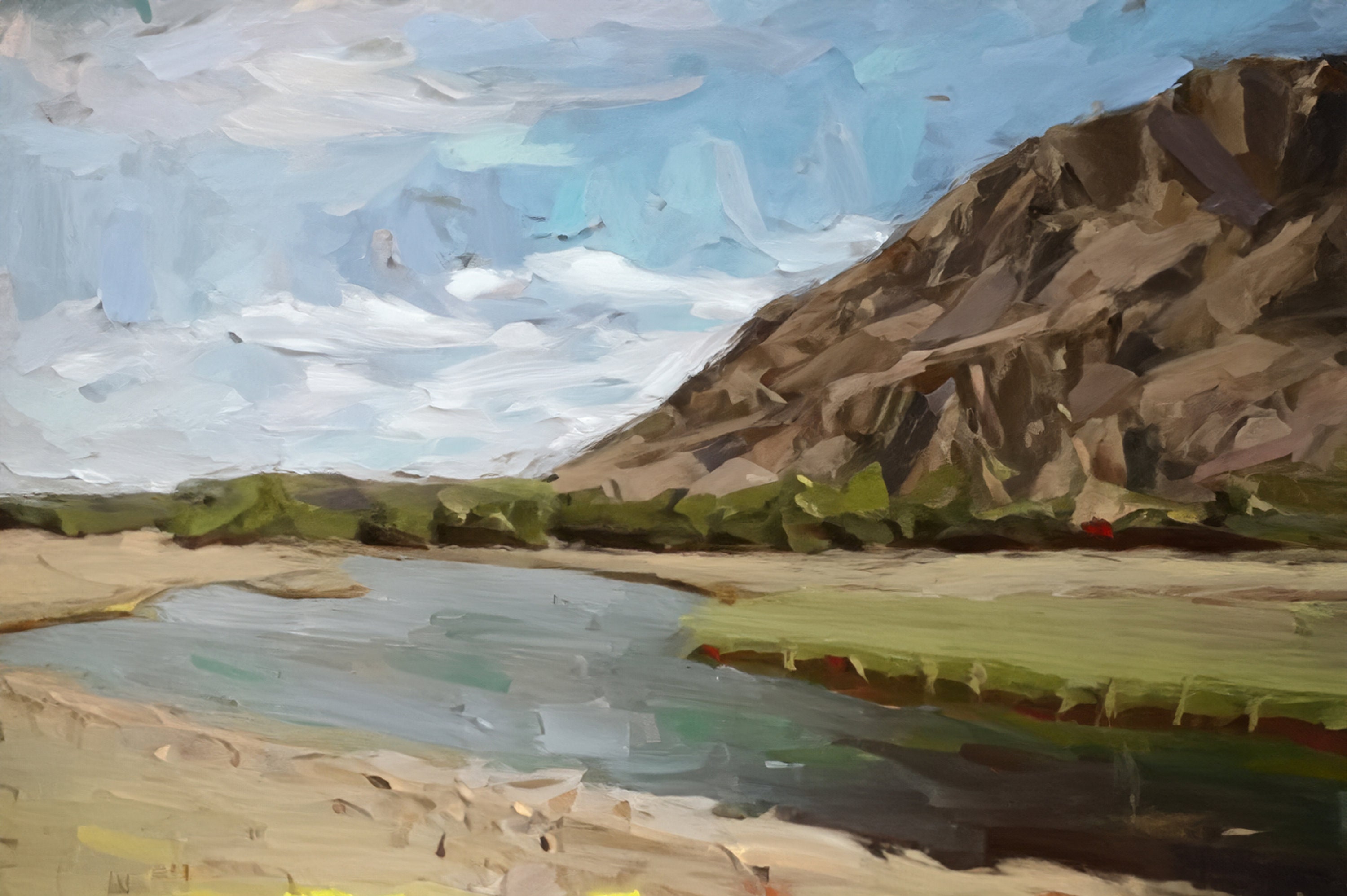 ウッド作　テトンズ川　　ワイオミングの流れ　油絵 イエローストーン川の油絵：ワイオミング州の風景画（デジタル