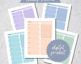 Printable Weekly Planner Pages in 5 Colors, Weekly Planner Template with To-Do list and Notes, Letter/A5/A4