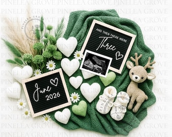 May include: A green blanket with white hearts, a letter board that says "And then there were three", a small ultrasound image, a stuffed deer toy, and a letter board that says "June 2026".