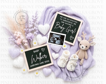 Baby Mädchen Lila Schwangerschaft Ankündigung Baby Mädchen Lila Canva Vorlage für Instagram oder Faceboook, es ist ein Mädchen offenbaren, Baby kommt bald
