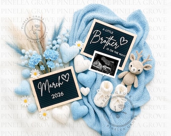 Little Brother Pregnancy Announcement Baby Boy Blue Canva Template for Instagram or Faceboook, It's a Boy Reveal, Baby Coming Soon
