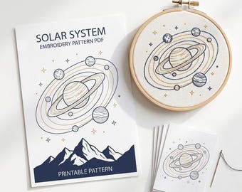 Solar System Embroidery Pattern PDF – Navy & Gold Mountain Silhouette Planets – Instant Digital Download Art for Hoops
