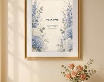 Personalized Wedding Welcome Sign, Dusty Blue Floral Printable, Digital Download