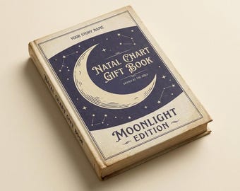 Retro Moonlight Birth Chart Book Cover Printable – Cream & Indigo Crescent Moon Astrology Journal Design PDF