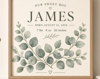 Personalized Botanical Baby Birth Stats Print | Greenery Nursery Wall Art Digital Download