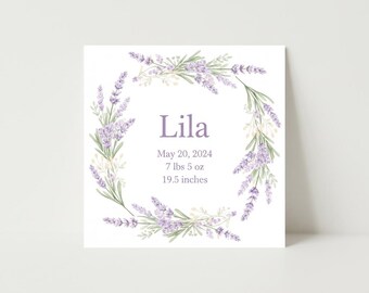 Personalized Lavender Farmhouse Baby Birth Stats Print | Soft Purple Provence Nursery Digital Download