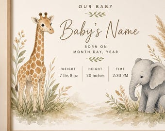 Personalized Safari Baby Birth Stats Print | Jungle Nursery Wall Art Digital Download