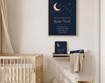 Personalized Celestial Baby Name Birth Stats Print | Stars Moon Nursery Wall Art Digital Download