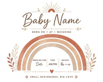 Personalized Boho Rainbow Baby Birth Stats Print | Terracotta Nursery Wall Art Digital Download
