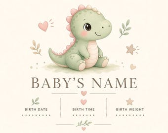 Personalized Pastel Dinosaur Baby Birth Stats Print | Soft Dino Nursery Wall Art Digital