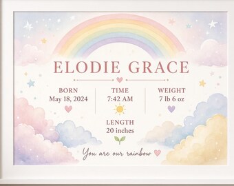Personalized Rainbow Baby Birth Stats Print | Pastel Nursery Wall Art Digital Download