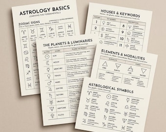 Astrology Basics Cheat Sheet Printable – Planet Symbols and Houses Guide – Beige and Black Instant Digital Download PDF