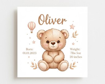 Personalized Teddy Bear Baby Birth Stats Print | Cozy Nursery Name Art Digital Download