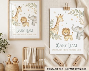 Personalized Soft Safari Baby Birth Stats Print | Nursery Wall Art Digital Download