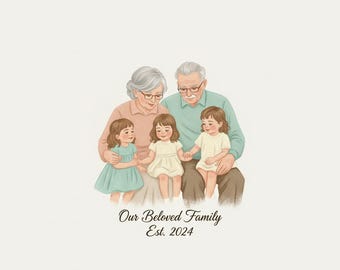 Custom Soft Gouache Family Portrait from Photo | Pastel Grandparents & Kids Gift Digital Download