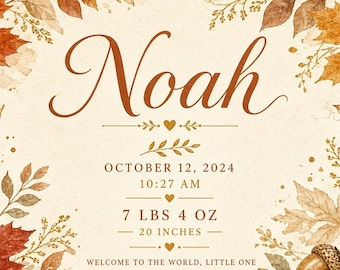 Personalized Autumn Maple Leaf Baby Birth Stats Print | Fall Nursery Wall Art Digital Download