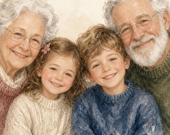 Custom Watercolor Grandparents & Grandkids Portrait from Photo | Family Gift Digital Download