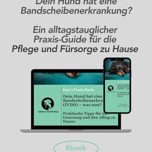 Könnte beinhalten: Ein Laptop und ein Smartphone zeigen ein E-Book-Cover mit einem Hund darauf. Das Cover ist grün und weiß mit dem Text "Karo's Praxis-Guide" und "Dein Hund hat eine Bandscheibenerkra (IVDD) - was nun?" Der Text auf dem Smartphone ist auf Deutsch. Das E-Book-Cover handelt von der Pflege eines Hundes mit Bandscheibenvorfall.