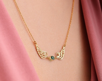 Custom Angel Wings Necklace for Women Birthstone Necklace for Her Sterling Silver Guardian Angel Dainty Angel Gift for Girl