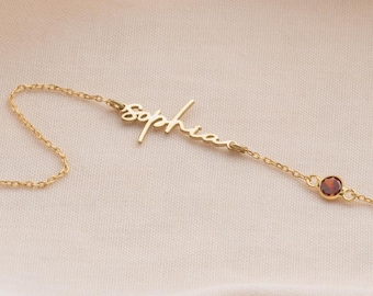 Silver Birthstone Bracelet with Handwritten Name Personalized Dainty Name Bracelet Birthstone Bracelet for Women Tiny Name Bracelet for Mom