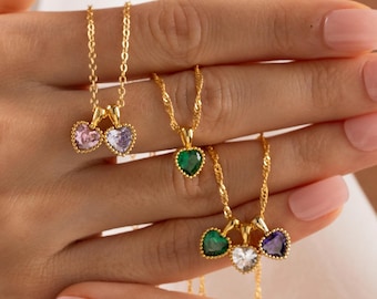 Personalized Heart Birthstone Necklace, Family Birthstone Necklace, Multi Stone Necklace, Custom Family Necklace, Gift for her