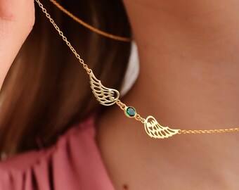 Guardian Angel Necklace for New Mom, Personalized Angel Wings Pendant for Her, Custom Birthstone Necklace, Dainty Mothers Day Gift for Mom