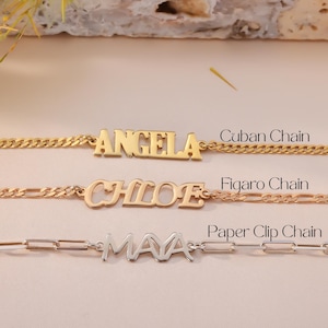 Paperclip Bracelet with Name Bracelet for Women Cuban Chain Name Bracelet for Her Personalized Figaro Chain Name Bracelet for Girlfriend