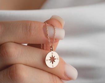 Dainty 14k Gold Compass Necklace, Silver Compass Pendant for Women, Dainty Compass Charm, Compass Gift, Coordinate Necklace for Adventurer