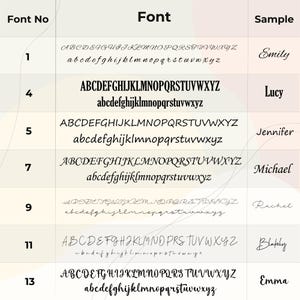 May include: A font chart showcasing different typefaces, including script and block fonts, with examples of each. The chart is labelled with "Font No", "Font", and "Sample", and displays both upper and lower case alphabets alongside example names.