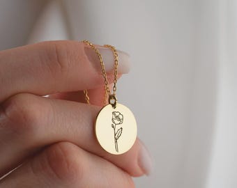 Halsband med blomma i familjen, födelsesten, halsband med blomma, personligt skivhalsband för henne, elegant halsband med födelsesten, present till mormor