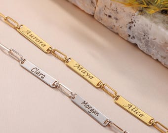 Paper Clip Chain Bracelet with Name Personalized Bar Bracelet for Women Silver Name Bracelet for Mom Dainty Multiple Name Bracelet for Her