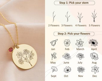 Kombinerad födelsemånad Blombuketthalsband Elegant födelseblommahalsband Graverat halsband Mors dag-present Maj-födelseblommahalsband