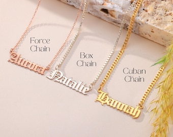 Gothic Name Necklace Sterling Silver Old English Name Necklace for Women Personalized Name Plate Necklace Custom Gothic Font Necklace
