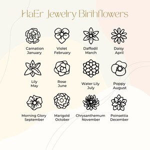 May include: A graphic featuring twelve floral illustrations, each representing a birth month. The flowers include carnation, violet, daffodil, daisy, lily, rose, water lily, poppy, morning glory, marigold, chrysanthemum, and poinsettia. The text "HaEr Jewelry Birthflowers" is at the top.