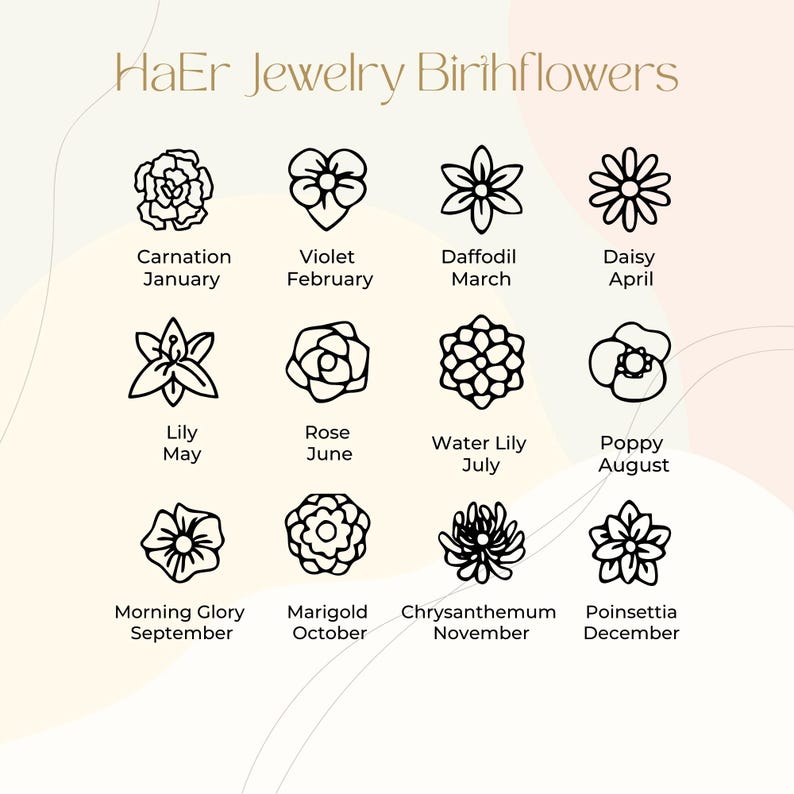 May include: A graphic featuring twelve floral illustrations, each representing a birth month. The flowers include carnation, violet, daffodil, daisy, lily, rose, water lily, poppy, morning glory, marigold, chrysanthemum, and poinsettia. The text "HaEr Jewelry Birthflowers" is at the top.