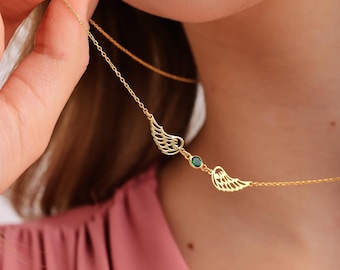 Colar com pedra de nascimento e asas de anjo, delicado colar dourado com pedra de nascimento e colar de anjo da guarda em prata esterlina para presente de mãe para ela