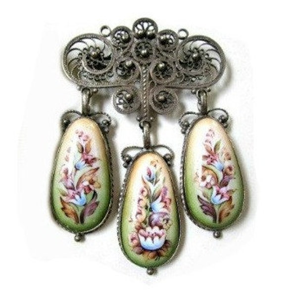 STUNNING OOAK Art Deco Nouveau Russian Hand Painted Filigree Dangling Brooch