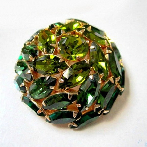 Vintage Emerald and Olive Domed Rhinestone Brooch Pin