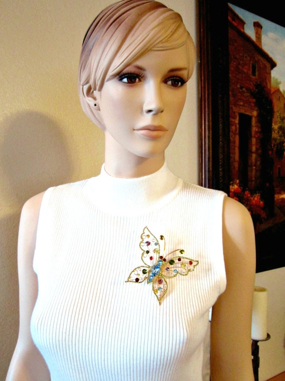 Vintage Rhinestone Butterfly HUGE Brooch Rhineston