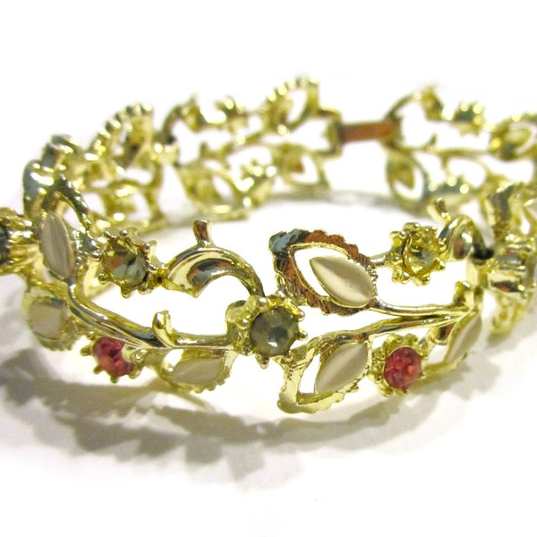 Vintage Rhinestone Gold Bracelet Enamel Floral Leaf Leaves Jewelry Gift Idea for Her Under 25 Pink Blue Stones