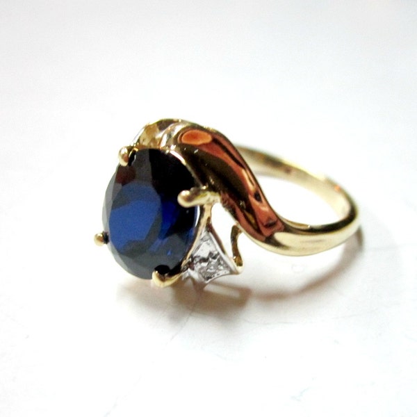 10K Sapphire Ring Gold Genuine Diamond Created Sapphire Size 8