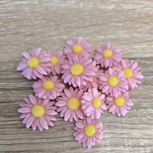 May include: A cluster of pink daisy-shaped decorations with yellow centres. These small, decorative flowers are arranged on a wooden surface. The petals are a soft pink, and the centres are a bright yellow.