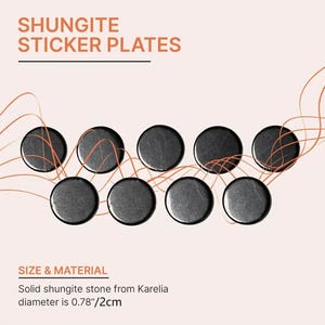 May include: Eight circular, black shungite sticker plates are shown on a light pink background. The text "SHUNGITE STICKER PLATES" is at the top. Each plate has a diameter of 2cm.
