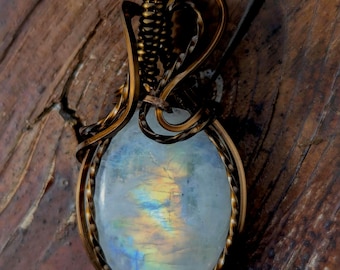 Luxury Moonstone Pendant Bronze Wire Wrapped Goddess Jewelry Luminous Crystal Necklace Feminine Energy Intuition Healing Boho Gift