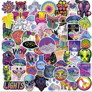 May include: A selection of vibrant stickers showcasing diverse designs such as a tiger, butterfly, and mushroom. Some stickers include text like "Wow", "Explore", and "Live a colorful life". The stickers have a psychedelic and artistic theme.