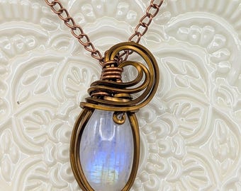 Moonstone Pendant Bronze Wire Wrapped Crystal Necklace Natural Moonstone Stone Intuition Feminine Energy Healing Boho Moon Amulet Lunar Gift